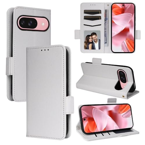 Étui magnétique Google Pixel 9 blanc avec portefeuille cuir anti-choc