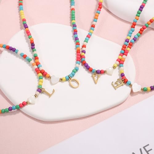 Initial Beaded Necklace, Colorful Cute Beaded Necklace with Heart Shells Stylish Letter Pendant Necklace Handmade Personalized A-Z Gifts for Women Girls (Letter J), 10248203