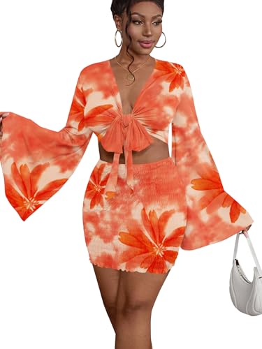 Image of LYANER Women 2 Piece Vacation Outfits Tie Knot Front Bell Long Sleeve Crop Top and Mini Skirt Summer Set