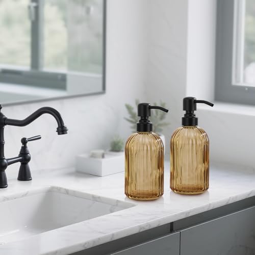 Image of 16 OZ Amber Glass Soap Dispenser, Amber Stripe Bathroom Hand Soap Dispensers with Stainless Steel Matte Black Pump,Brown Glass Kitchen Hand Soap Dispenser with Matte Black Pump