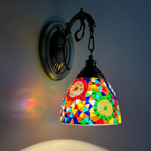 LOGT Retro Lámpara de Pared de Estilo Rústico Tiffany Aplique Lámpara Vintage con Base de Metal Antiguo Luz de Pared E27 Base de Pantalla de Cristal Decoración de la Pared Turco Mosaico Luces Pared