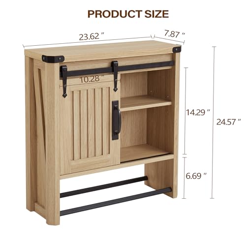 Bathroom Wall Cabinet, Farmhouse Medicine Cabinet with Sliding Barn Door & Adjustable Shelves, Wall Mounted Storage Cabinet for Toilet, Kitchen, Living Room (Natural Oak) - Image 3