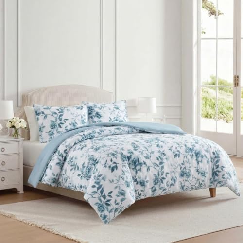 Image of Martha Stewart - Queen Comforter Set, Textured Cotton Jacquard with Refined Softness & Medium Weight Feel, 3 Piece Bed Set with Matching Pillowcases (Vivian Floral Blue)