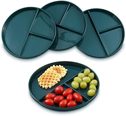 Portion Control Plates 10 Inch (4 Pack) Divided Plate Adults Plastic 3 Compartment Dinner Plate Perfect for Bariatric Diet Weight Loss Healthy Eating Reusable 3 Section Lunch Tray (Round Dark Green)