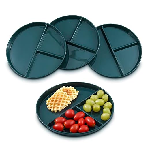 Portion Control Plates 10 Inch (4 Pack) Divided Plate Adults Plastic 3 Compartment Dinner Plate Perfect for Bariatric Diet Weight Loss Healthy Eating Reusable 3 Section Lunch Tray (Round Dark Green)