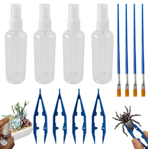 Ajqxh Jumping Spider Enclosure Starter Kit,Ultimate Value Set with 4 Spray Bottles, 4 Tweezers & 4 Soft Paint Brushes for Jumping Spider & Small Reptile Care Kit Accessories