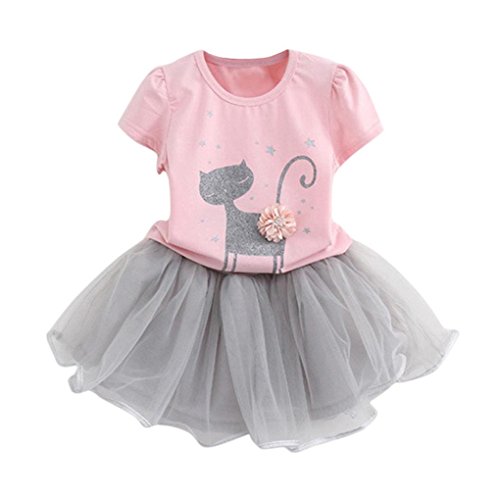 haoricu Girls Dress, 2017 Summer Kids Girls Fashion Cartoon Little Cat Printed Tops Shirt Dress Set (3T, Pink)