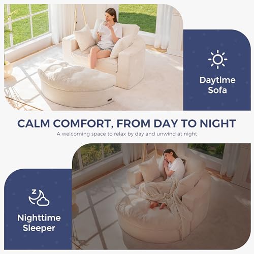 Image of MAXYOYO Modular Sectional Chaise Lounge Sofa, Round Upholstered Lounge Chair with Ottoman, Comfy Couch with Layered Cushion, Tufted Sleeper Chair for Living Room, No Assembly, Beige