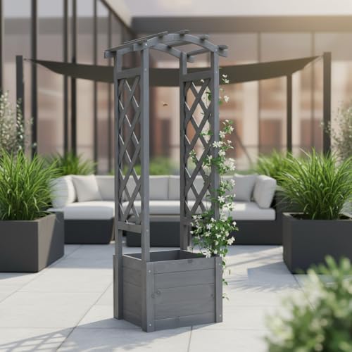 Mucola Rosenbogen mit Pflanzkasten Holz Spalier mit Blumenkasten Rankhilfe Deal für Kletterpflanzen Pflanzkübel Rosensäule Rankgitter - Grau