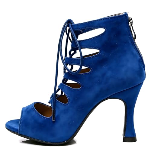 RUYBOZRY Botas de Baile Latino Mujer Botines Punta Abierta con Cordones Zapatos de Baile de Salon,YCL456 Azul 8.5 5059,EU34