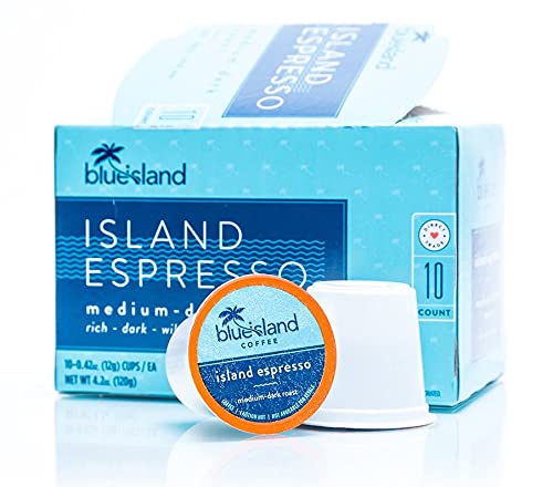 Blue Island Specialty Grade Coffee Pods | The World’s Best Tasting Strongest K Cups | 2.5x the Caffeine Content vs Leading Brands | Direct Trade, Medium-Dark Roast | Island Espresso Blend, 10 Ct
