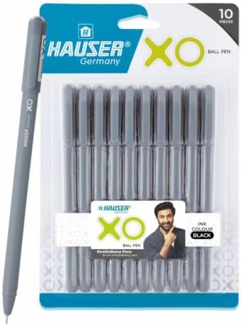 Hauser XO Ball Pen Blister Pack | Tip Size 0.7 Mm | Sleek Body & Minimalistic Design | Matt Finish | Solid Body Type | Low Viscosity Ink | Ultra Durable Tip | Black Ink, Set Of 10 Pens