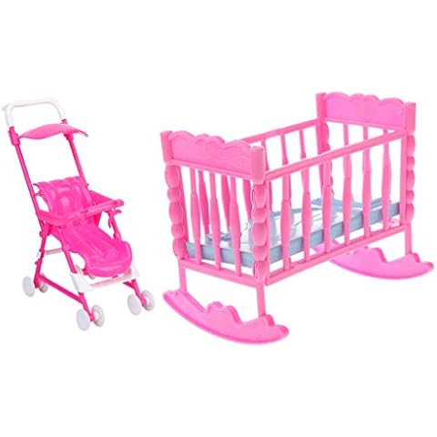 Gazechimp 2 x pink doll furniture set for Barbie dolls - baby swing bed + pram Cover