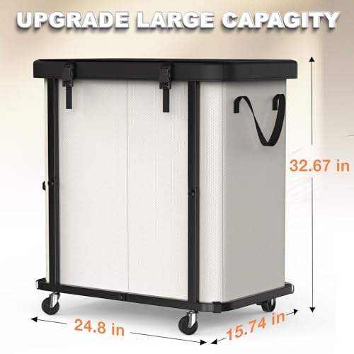 Image of 190L (50 Gal) Large Fashion Laundry Basket with Wheels,Leather Patchwork Rolling Hamper Carts, Sturdy Metal Frame, Removable Washable Bag, Tall Clothes Sorter for Bedroom, Laundry Room-Beige