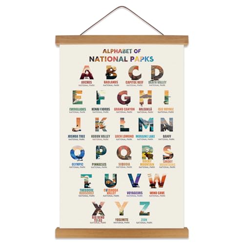 Image of KAIRNE National Parks ABC Poster,Nature Scenery Alphabet Canvas Wall Art Print,Travel Themed Wall Decor with Wood Magnetic Poster Hanging Frame(19”X25”) Alphabet of National Parks for Traveler Room