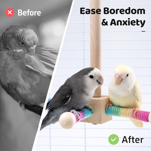 Image of 9 inch Hanging Bird Perch Toy for Cage, 360 Silent Free-Spin, Wooden Bird Cage Accessories, Relieve Boredom Anxiety, for Parrots, Parakeets, Cockatiels, Small to Medium Birds, with Poplar Swing
