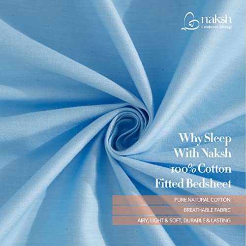 Image of Naksh Coastal Retreat Collection King Size Bedsheet Cotton Elastic Fitted 78 x 72 Inch, 210 TC Plain Pure Cotton, Sky Blue | 1 King Size Bedsheet with Elastic Fitted and 2 Pillow Covers
