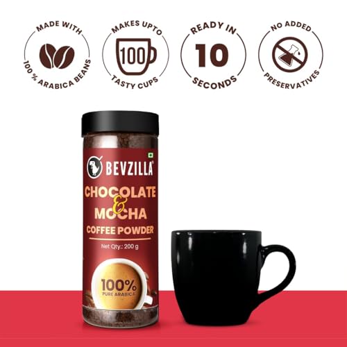 Image of Bevzilla 200 Gram Choclate & Mocha(Choco-Mocha) Instant Coffee Powder with a Coffee Mug |Make 100 Cups|Perfact for Espresso, Latte & Cappuccino | EnjoyHot & Cold Brews (Pack of 2)