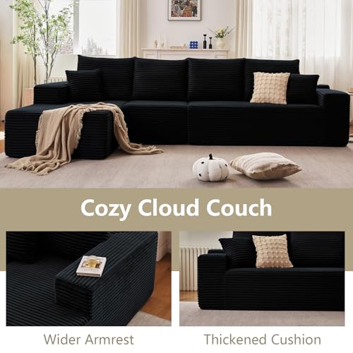 Image of 135 inch Modular Sectional Couches for Living Room, Comfy Boneless L Shaped Cloud Couch with Chaise Lounge, Modern Cozy Corduroy Deep Seat Floor Sofa, Memory Foam, No Assembly Required, Black