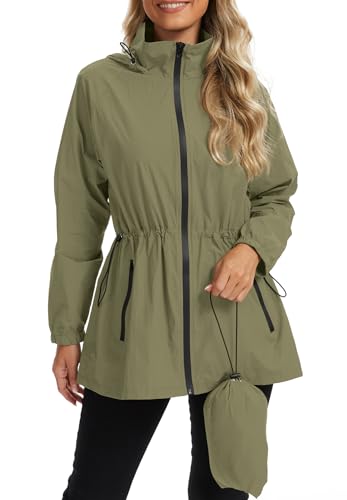 Zando Lightweight Rain Jacket Women Waterproof - Packable Windbreaker Jackets Windproof Womens Rain Jacket with Hood Waist Cinch Raincoat for Women Travel Outdoor Hiking Commute Casual Army Green XL