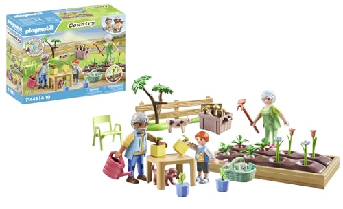 PLAYMOBIL Country 71443 Huerto con Abuelos, Incluyendo Parterre, regadera y Herramientas de jardinería, Juegos de rol imaginativos y Divertidos, Juguetes para niños a Partir de 4 años