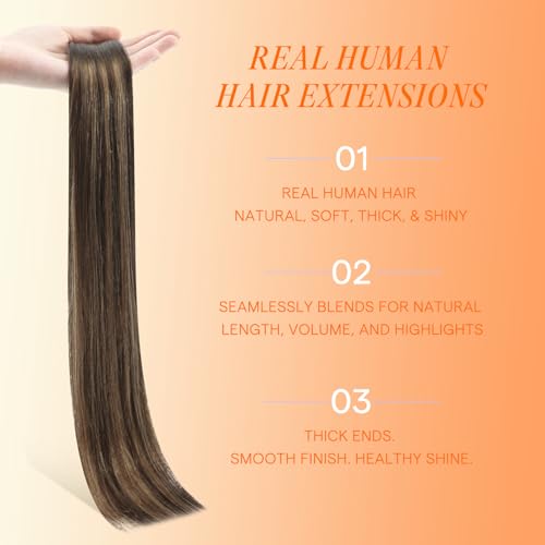 Image of Full Shine Invisible Tape in Hair Extensions Human Hair, Color 2 /8 /2 Dark Brown to Ash Brown Highlights Balayage, Seamless Invisible Remy Tape in Extensions, 20pcs 50g 24 Inch for Thin Hair