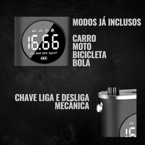 Calibrador Portátil Compressor Bomba De Ar Digital Com Lanterna LED para Encher Pneus de Carro, Moto