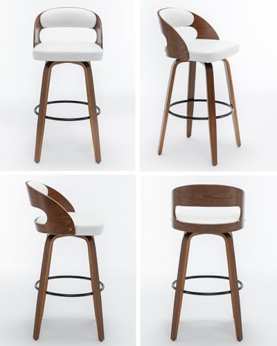 Image of AQG Swivel Bar stools Set of 1 Bar Chairs 26 inch Counter Height Mid-Century Modern Bentwood Barstool PU Leather Upholstered Bar Chair with Back and Footrest, for Bar, Cafe, Dining, Kitchen Island, White
