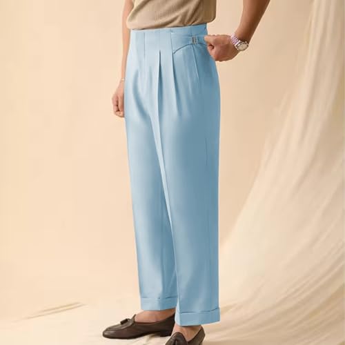 JinXuanYa Men's Summer Dress Pants Straight Casual Slacks with Paris Button, Fit Pleated Trousers High-Waisted Naples Style2