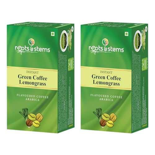 Image of roots & stems Green Coffee Lemongrass | Instant Premix Extract Powder with Probiotic | Arabica, Flavoured Coffee |100g (5gx20 Sachets) Pack of 2