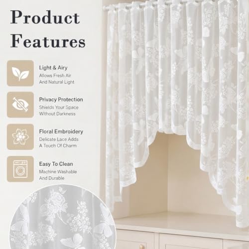 Image of HASTHIP White Lace Arched Sheer Curtain Floral Embroidered Valance