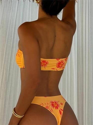 Alyweatry Women Floral Bandeau Bikini Set O Ring Strapless Tie Back Bikini Top High Cut Cheeky Thong Bathing Suit4