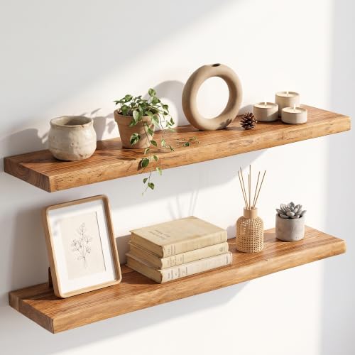 Image of Live Edge Elm Floating Shelves - 36 In Rustic Solid Wood Shelves with Heavy-Duty Invisible Bracket, Wall-Mounted Wooden Shelf for Living Room, Bathroom, Kitchen Storage & Display, Set of 2, Natural