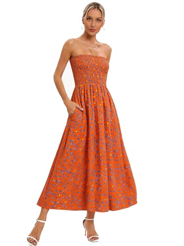 Image of Aigeman Women Strapless Tube Maxi Dress Flowy Swing Long Beach Sundress Sleeveless Boho Summer Dress with Pokets 330