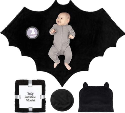 Image of Bumba Kids Sherpa Fleece Goth Bat Baby Swaddle Blanket Gift Set with Milestone Stickers, Bat Hat & Wings, Crib Size