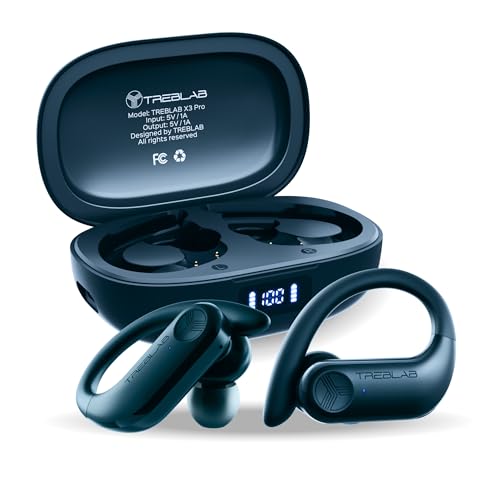 TREBLAB X3 Pro - Workout True Wireless Earbuds, Comfortable Earhooks, Bluetooth 5.3, Punchy Bass, Noise Isolation, 145H Playtime, IPX5 Waterproof, Sweatproof, 2 Mics for Calls, Sport Bluetooth Earbuds
