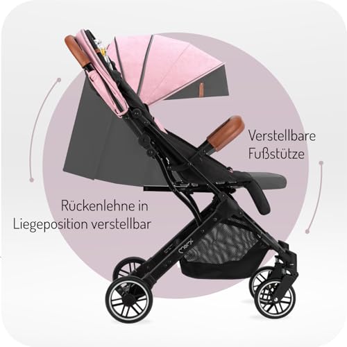 MoMi ESTELLE Kinderwagen ab 6. Monat (bis 15 kg), klappbarer Buggy mit 5-Punkt-Sicherheitsgurt, Einkaufskorb und Liegefunktion, Teleskop-Stange zum Ziehen, steht nach dem Zusammenklappen
