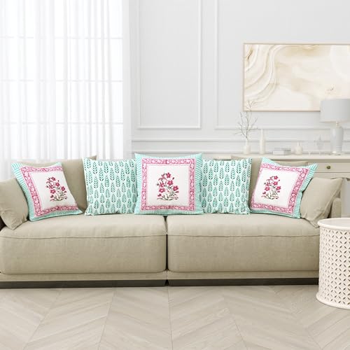 Image of BLOCKS OF INDIA Hand Block Printed Cotton Cushion Cover (16 X 16 Inches) (Cushion 5), 300 TC, Green