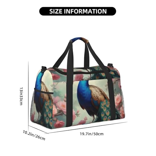 Beautiful Peacock and Floral Print Travel Duffle Bag - Foldable Personal Item Travel Bag for Women & Men,13x10.2x19.74