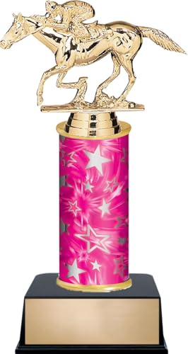 9.5" Horses Racehorse Custom Engraved Pink and Silver Star Column Trophy Awards