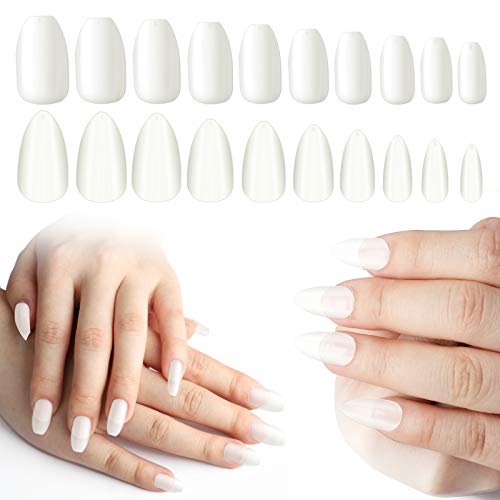 Short Almond Nail Tips Full Cover, 200PCS Cosics Short Coffin & Stiletto Shape Press On Nails Glue On, Natural Ballerina Ballet Artificial Acrylic Fake Nail Art Tips with Box for Nail Shop, 10 Sizes