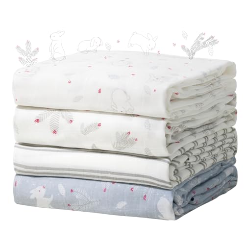 Image of Momcozy Muslin Swaddle Blankets, Ultra Soft Neutral Baby Essentials Must Haves Registry Search, Breathable Large 47'' x 47'' Newborn Boys Girls Swaddle Receiving Blanket, Sugar Bowl Bunny