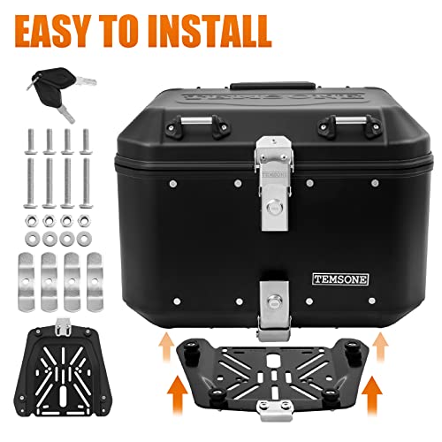 Temsone Upgraded 46L Aluminum Motorcycle Top Case, Motorcycle Tail Box With Security Lock ＆ Backrest, Waterproof Motorcycle Rear Top Box, Dual-Key Storage Carrier Case, Trunk Tour Box For Store Helmet #TOP5