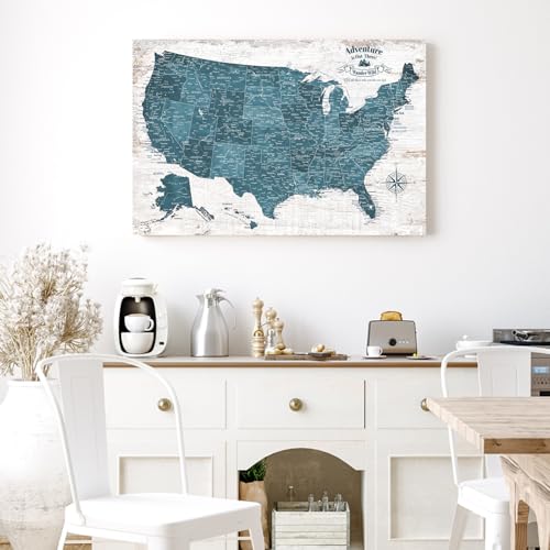 Image of IPIC - Antique Blue USA Travel Map, Pin Board Canvas Wall Art, Travel Map with Pins Included, Ready to Hang for Home or Office, 24x16 Inch