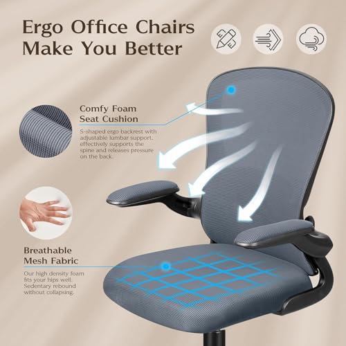 Image of FelixKing Office Desk Chairs, Ergonomic PC Desk Chair with Wheels, Adjustable Lumbar Support and Height, Swivel Computer Chair with Flip-up Armrests, Ergo Mesh Backrest for Working(Dark Gray)