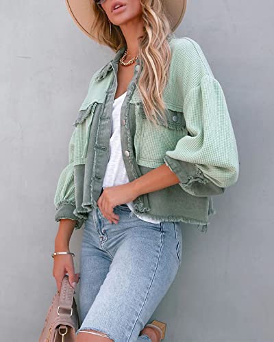 Women Waffle Knit Shacket Cropped Denim Stitching Button Down Loose Long Sleeve Jacket Tops3