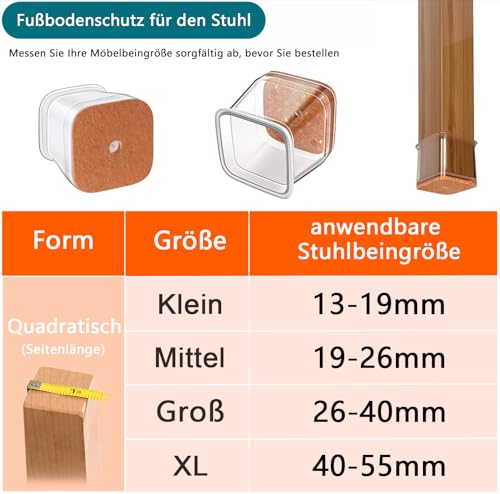 RUSIDO 20 Stück Stuhlbeinkappen Eckig(XL Fit Seitenlänge: 40-55mm), Klare Silikon Stuhlbeinschoner, Stuhl Beinprotektoren, Boden vor Kratzern schützen