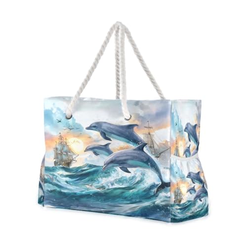 Large Beach Bags Totes Canvas Tote Shoulder Bag Three Dolphins Ship Water Resistant Bags for Gym Travel Daily