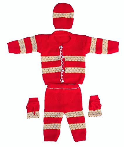 Baby Boy & Baby Girls Woollen Knitted Self Designed Front Open Sweater with Pyjami, Cap and Booties for 0-6 Months