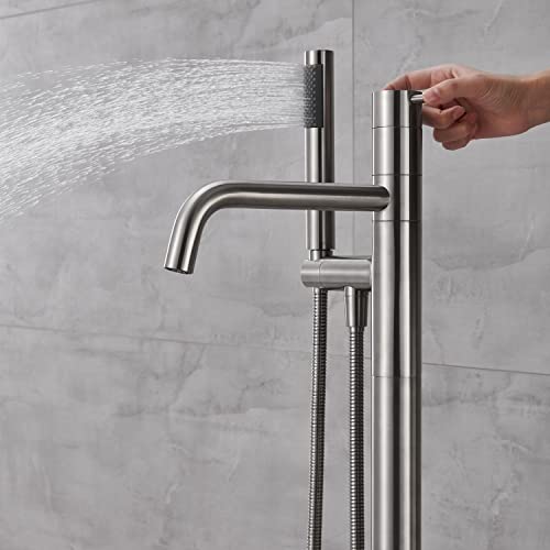 Qinkell Freestanding Tub Filler Floor Mount Bathtub Faucet Brushed Nickel Single Handle Faucets With Handheld Shower 360 Degree Swivel Spout #TOP4